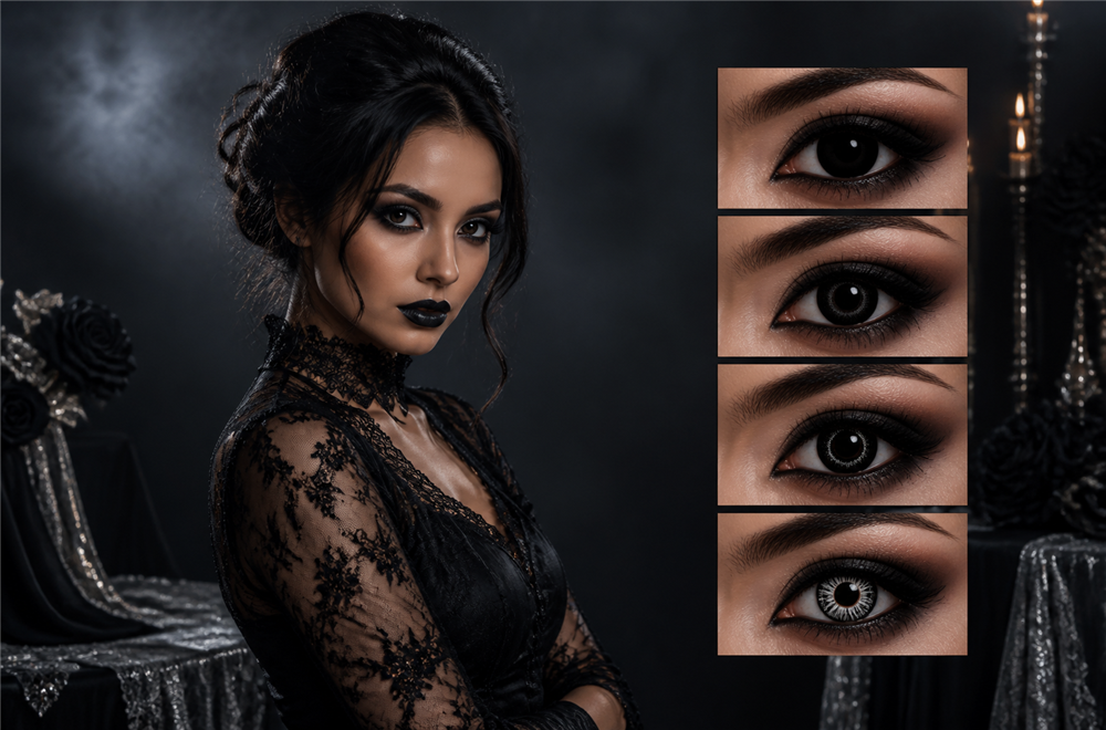 Close-up comparison of black contact lens styles for a gothic Halloween costume