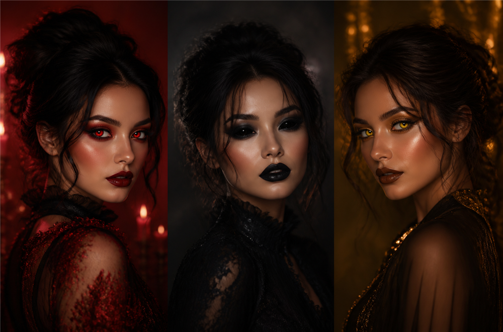 Three demon costume eye-color ideas in red, black, and yellow styling