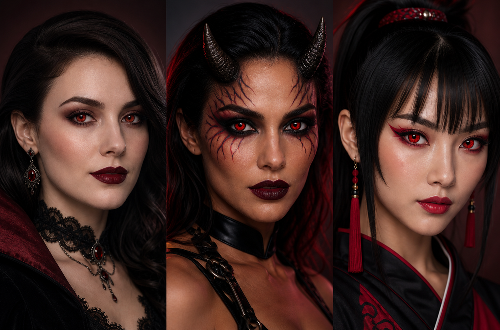 Comparison of vampire, demon, and anime-inspired red contact lens looks for Halloween