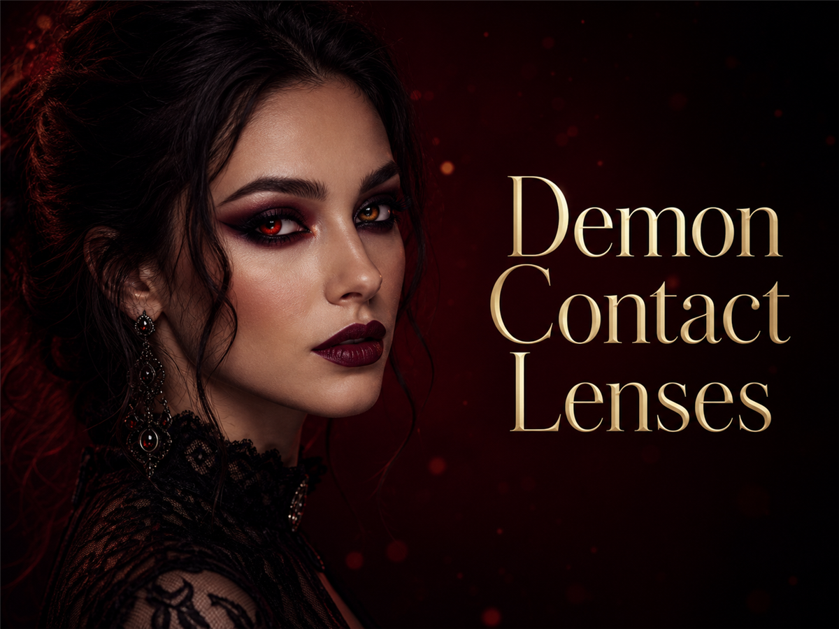 Dark fantasy demon Halloween makeup with red, black, and yellow eye-color inspiration