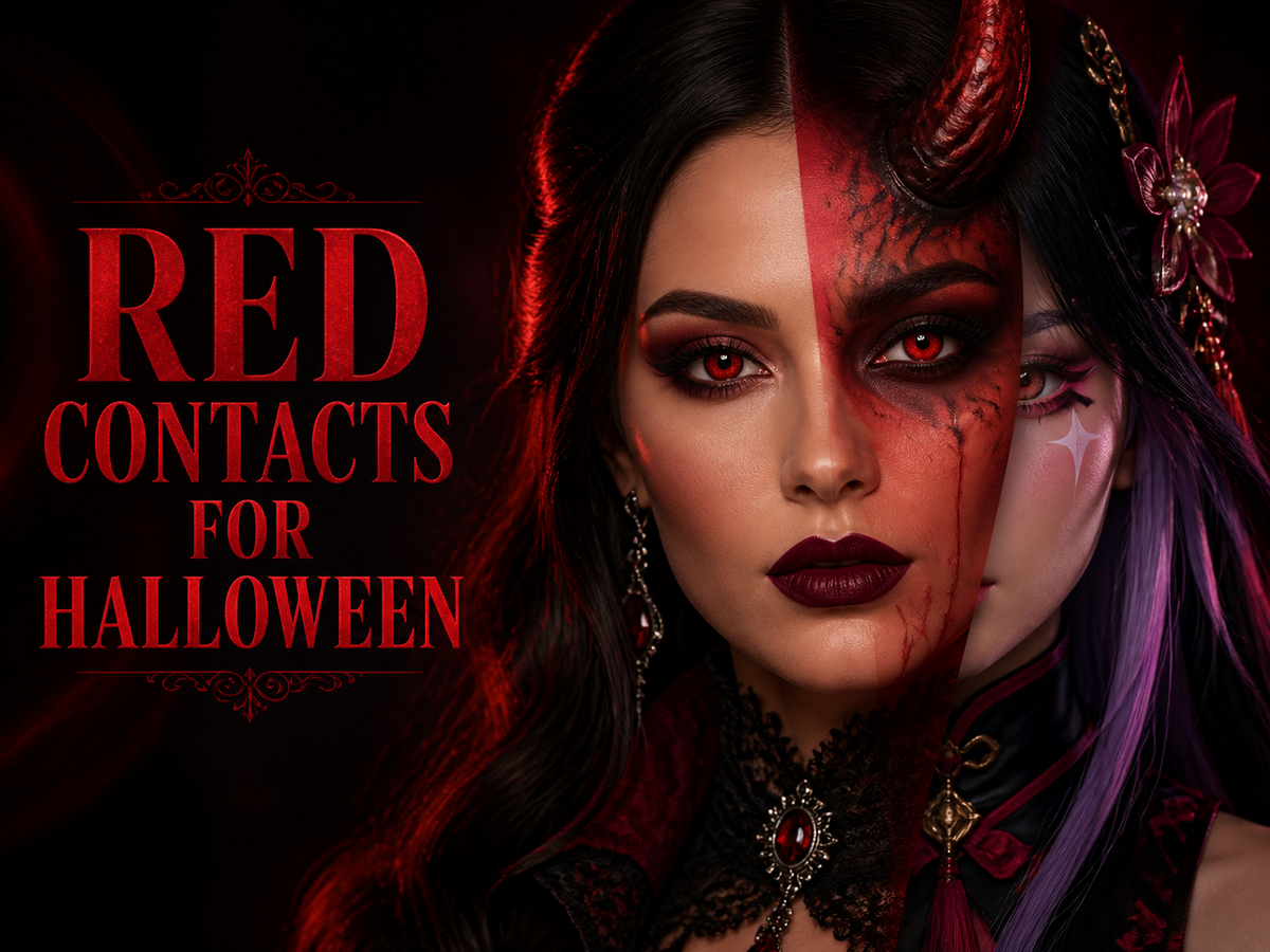 Adult Halloween makeup model wearing dramatic red contact lenses for vampire, demon, and anime-inspired looks