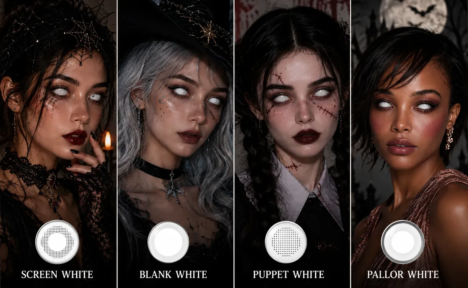 GleGlow white Halloween contact lenses featuring Screen White, Blank White, Puppet White and Pallor White