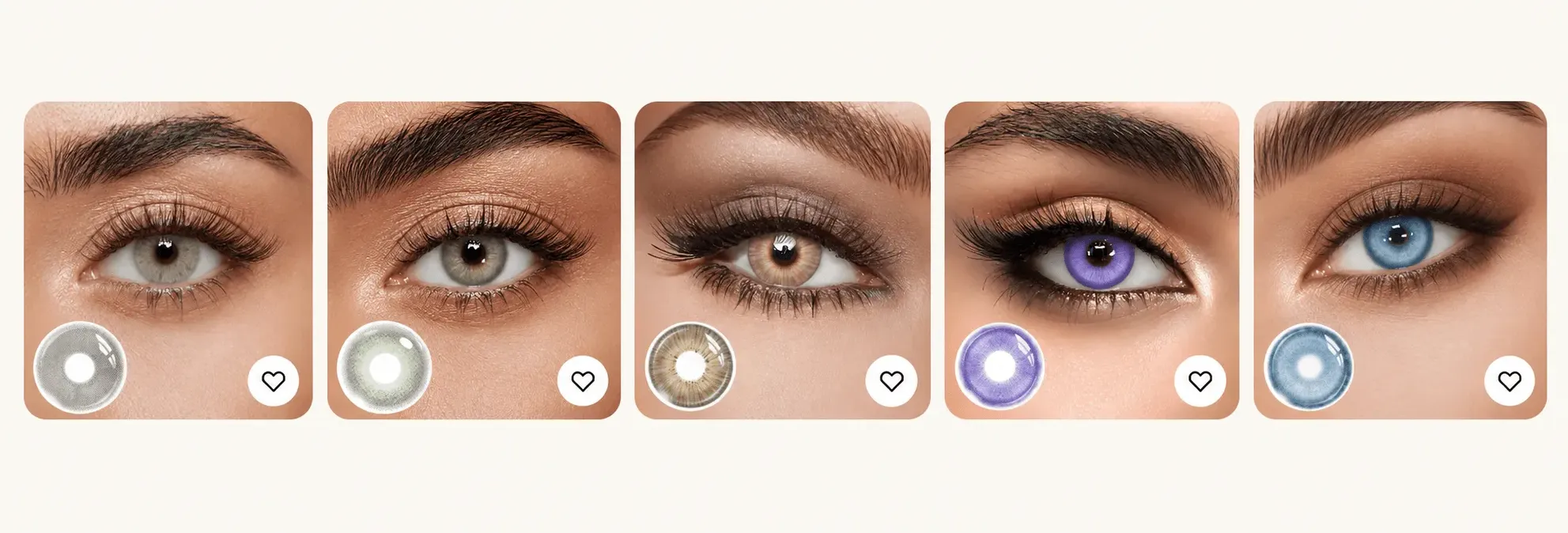 A color comparison concept for gray, green, hazel, and blue-toned contacts on blue eyes