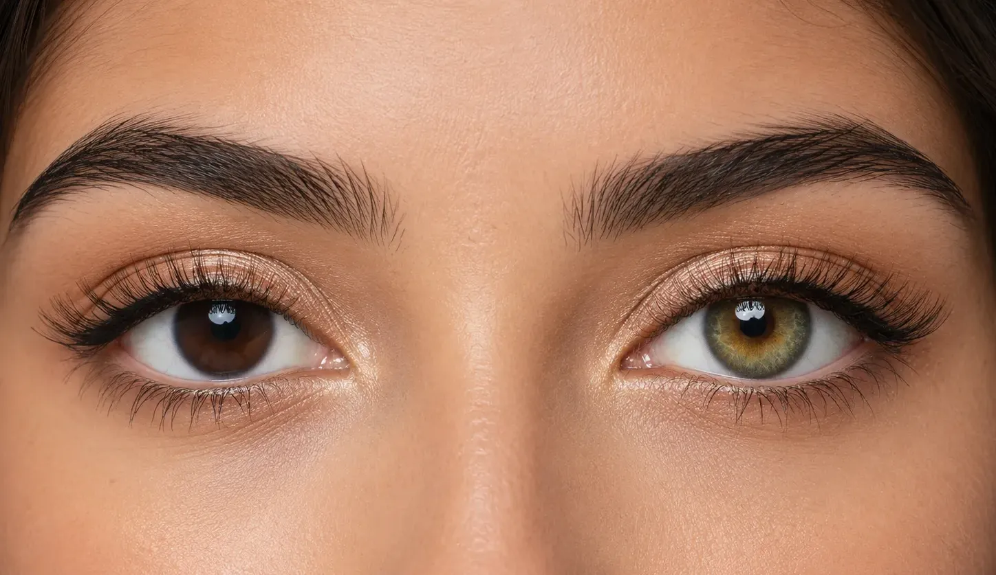 Aroya Hazel colored contacts before and after on dark brown eyes under the same natural lighting