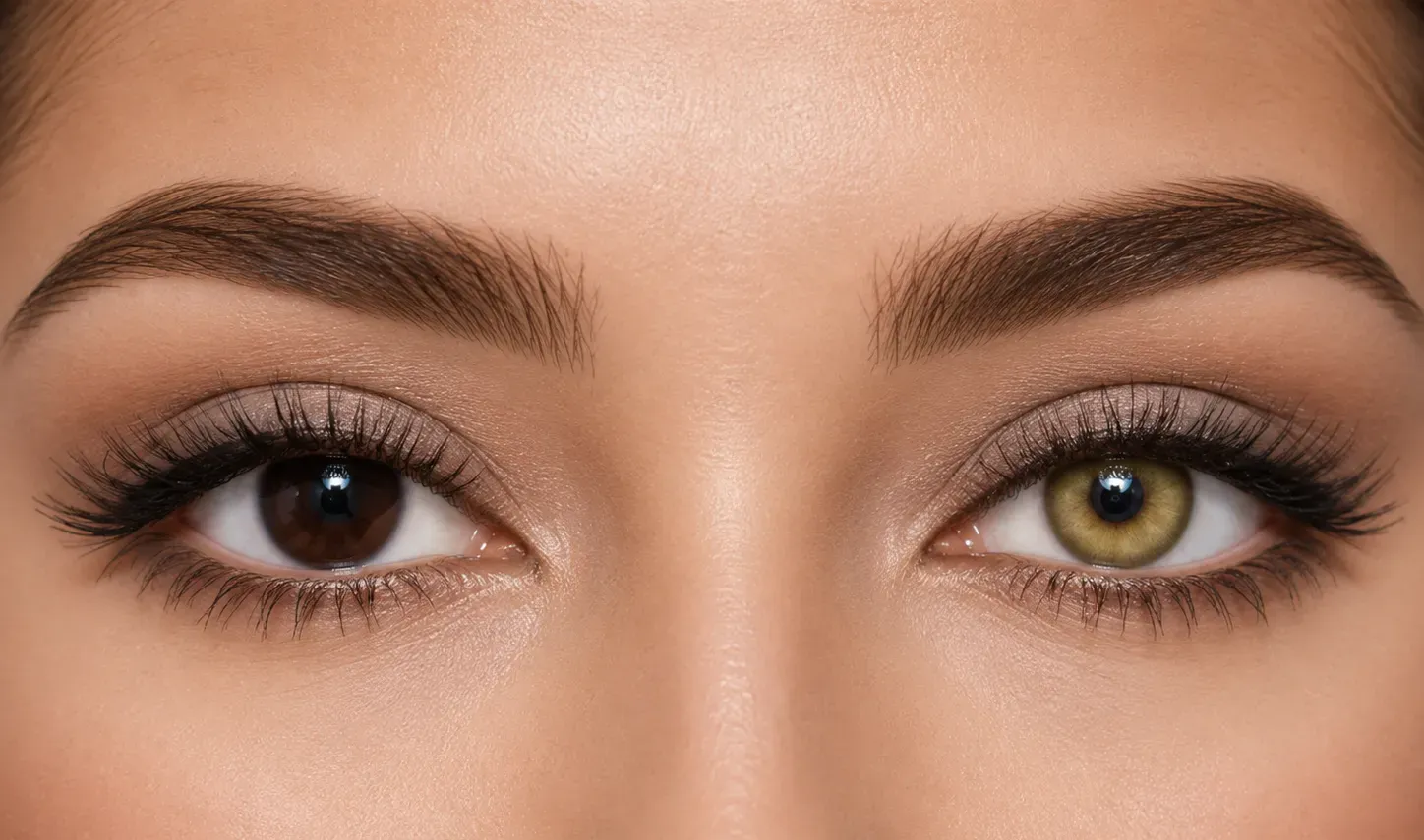 Chroma Brown colored contacts before and after on dark brown eyes under the same natural lighting
