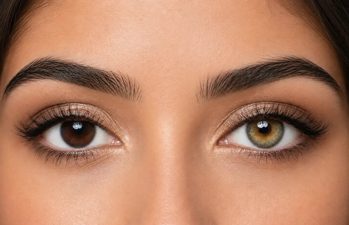 Evergreen Olive colored contacts before and after on dark brown eyes under the same natural lighting