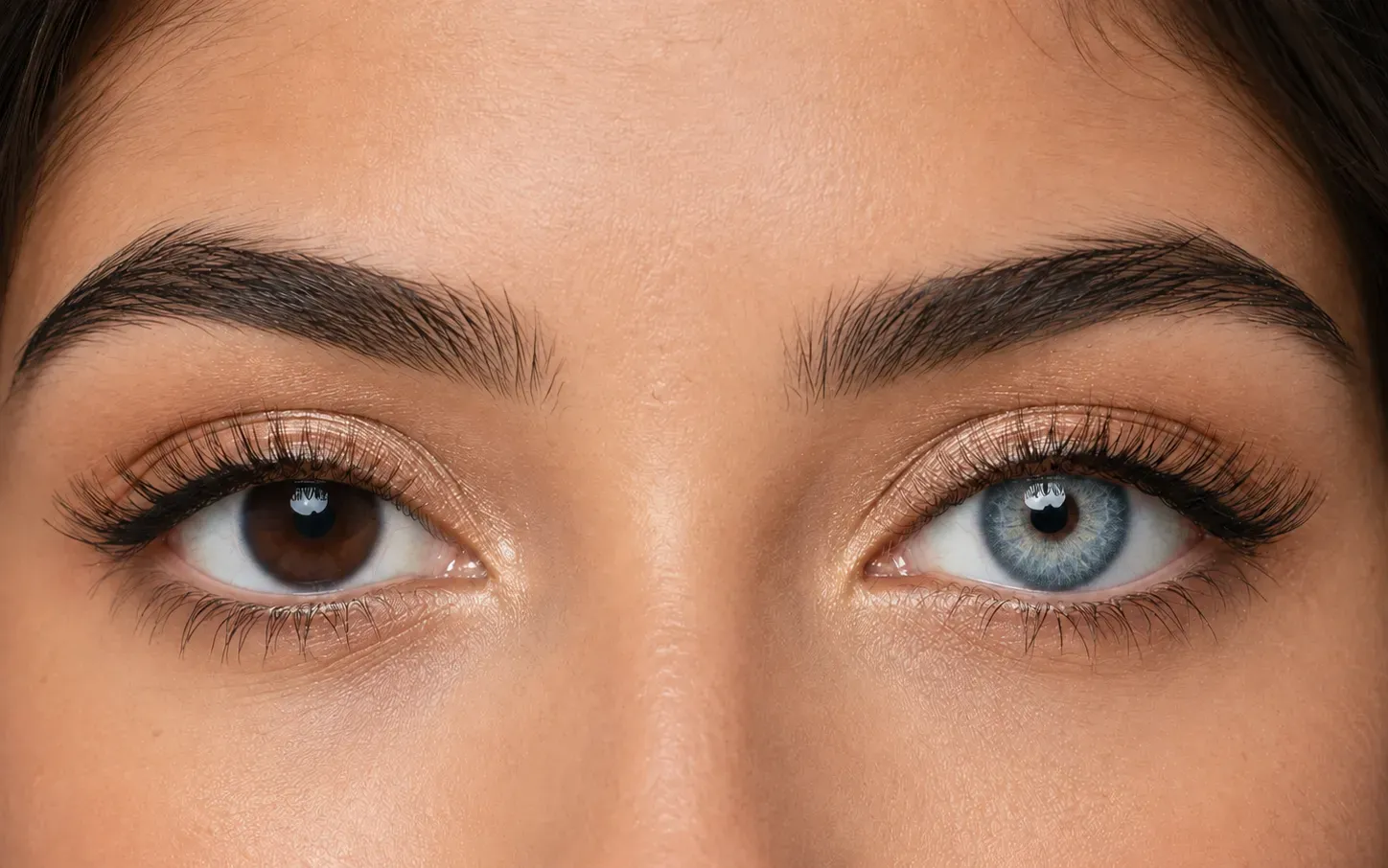 Moonmist Grey colored contacts before and after on dark brown eyes under the same natural lighting