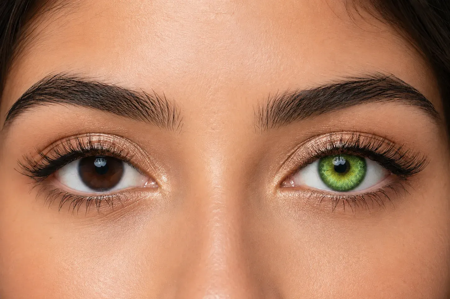 Dioren Green colored contacts before and after on dark brown eyes under the same natural lighting