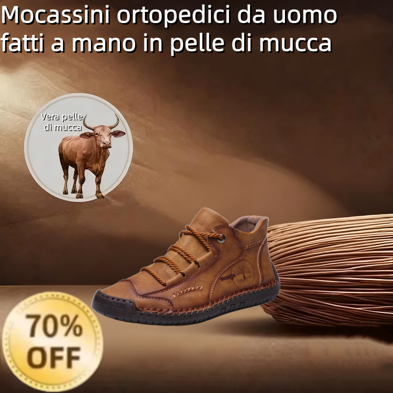 ⏰ Solo oggi: 70% di sconto - Non lasciartelo sfuggire! 🐂 Scarpe ortopediche da uomo migliorate, realizzate con vera pelle bovina australiana. Impermeabili e antiscivolo, 👞 cucite a mano. ✅ - Allevia efficacemente il dolore ai piedi.