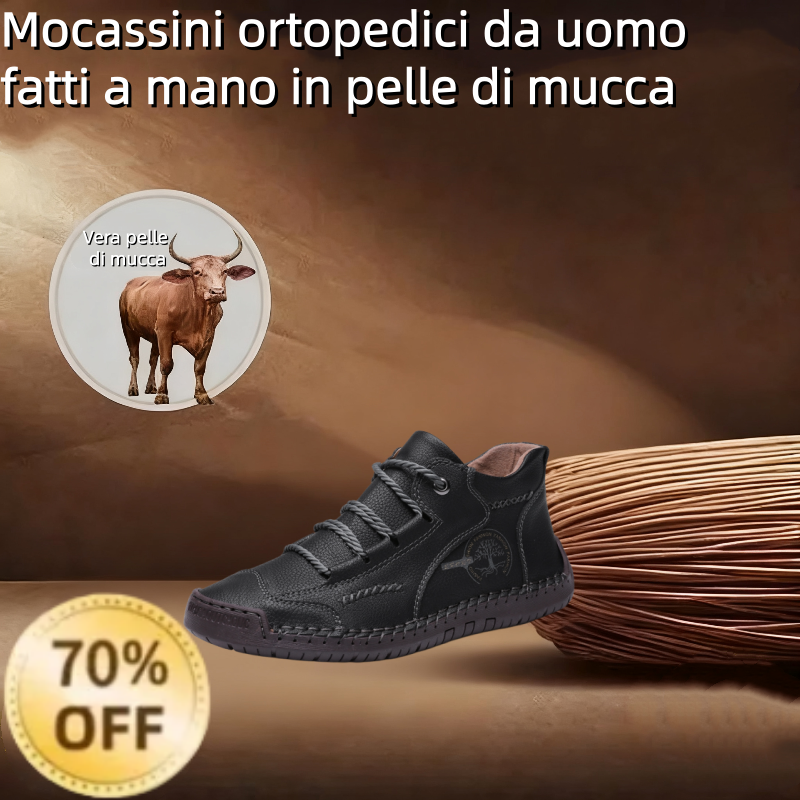 ⏰ Solo oggi: 70% di sconto - Non lasciartelo sfuggire! 🐂 Scarpe ortopediche da uomo migliorate, realizzate con vera pelle bovina australiana. Impermeabili e antiscivolo, 👞 cucite a mano. ✅ - Allevia efficacemente il dolore ai piedi.