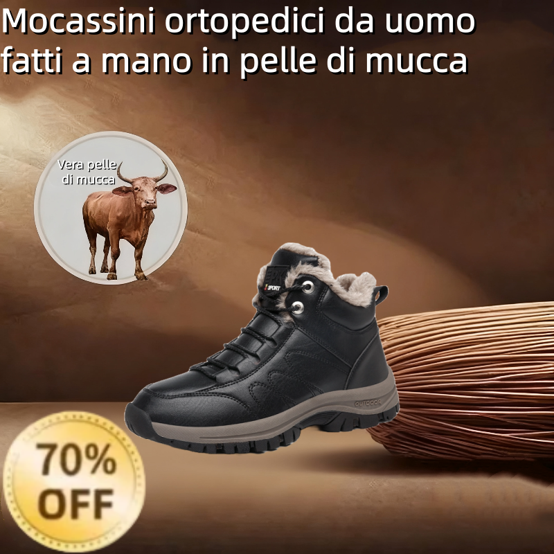 ⏰Sconto del 70% oggi, non lasciartelo sfuggire! 🐂 Scarpe invernali ortopediche da uomo, realizzate in vera pelle bovina australiana e lana 👞 Cucite a mano ✅ - Alleviano efficacemente il dolore ai piedi.