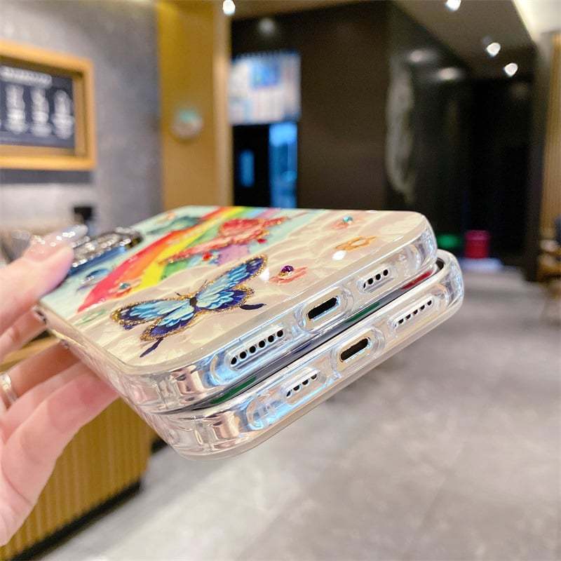 韓系油畫風彩虹花海手機殼｜鑲鑽裝飾 防刮防摔