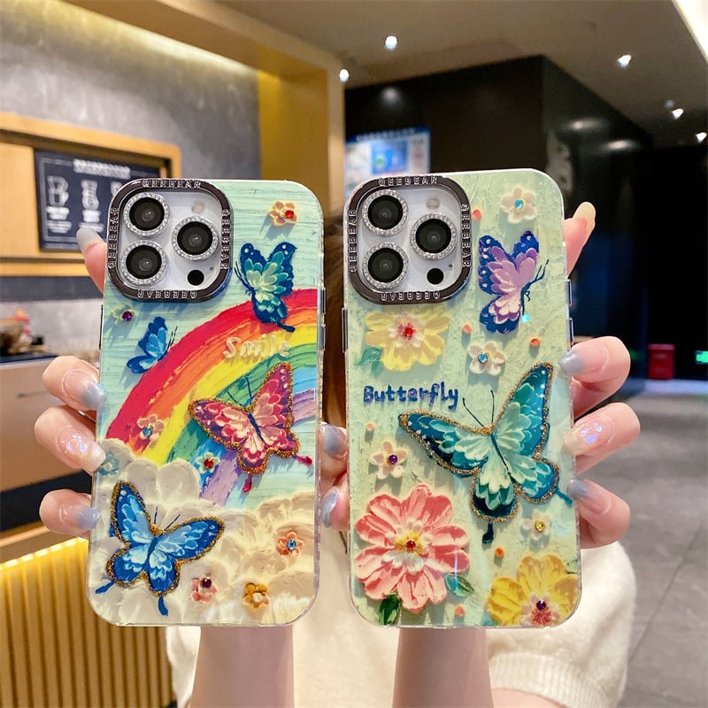 韓系油畫風彩虹花海手機殼｜鑲鑽裝飾 防刮防摔