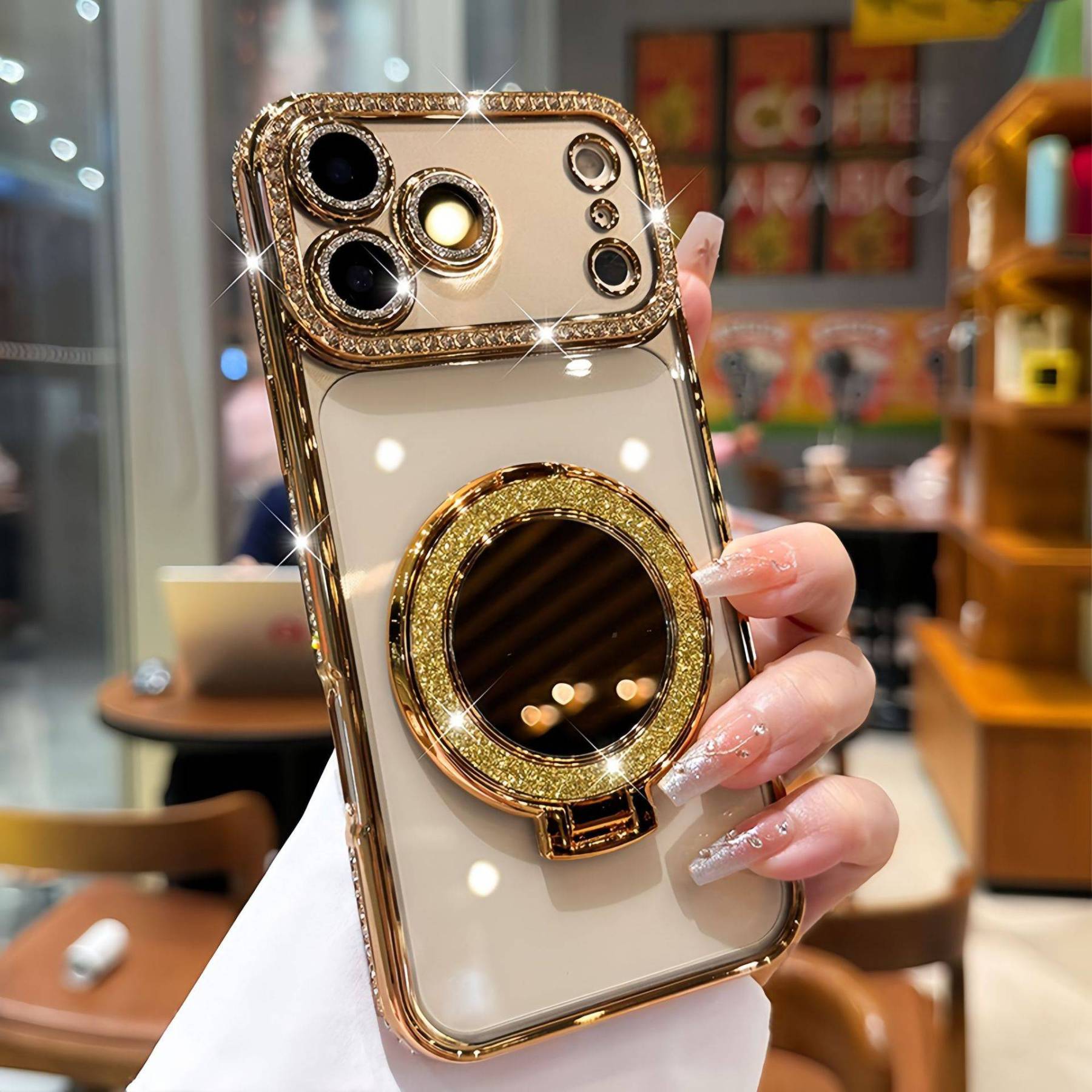 ✨閃鑽鏡面磁吸手機殼｜自帶支架 + 掛繩｜iPhone 專用高級感保護套