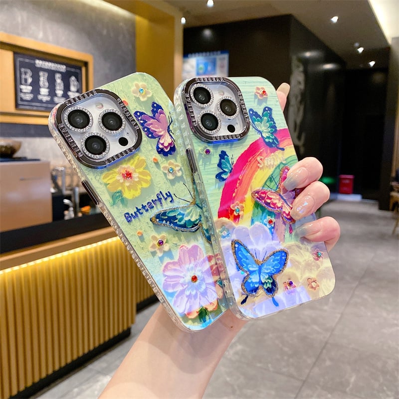 韓系油畫風彩虹花海手機殼｜鑲鑽裝飾 防刮防摔