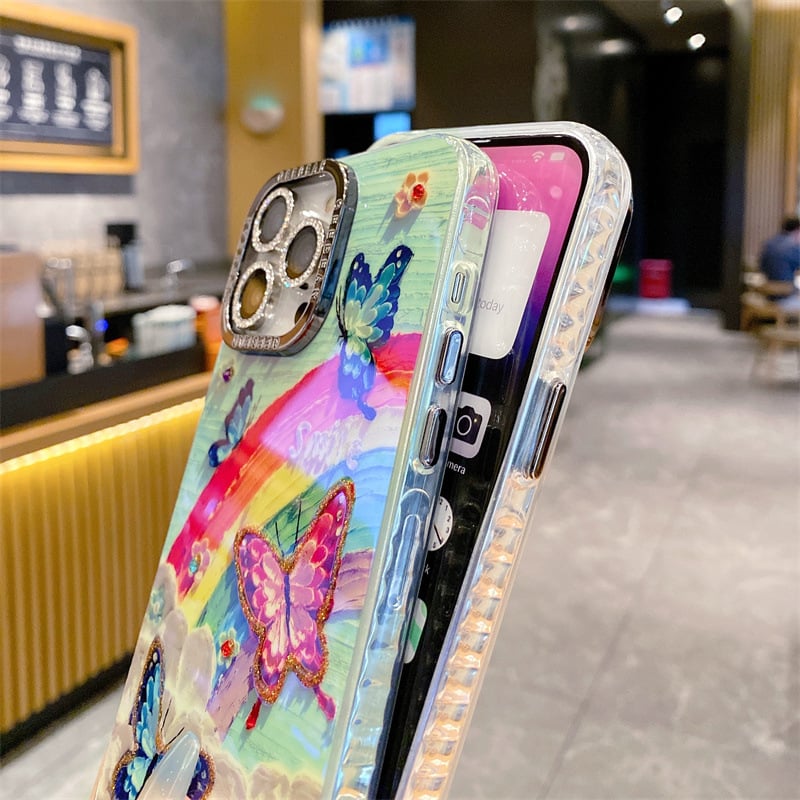 韓系油畫風彩虹花海手機殼｜鑲鑽裝飾 防刮防摔