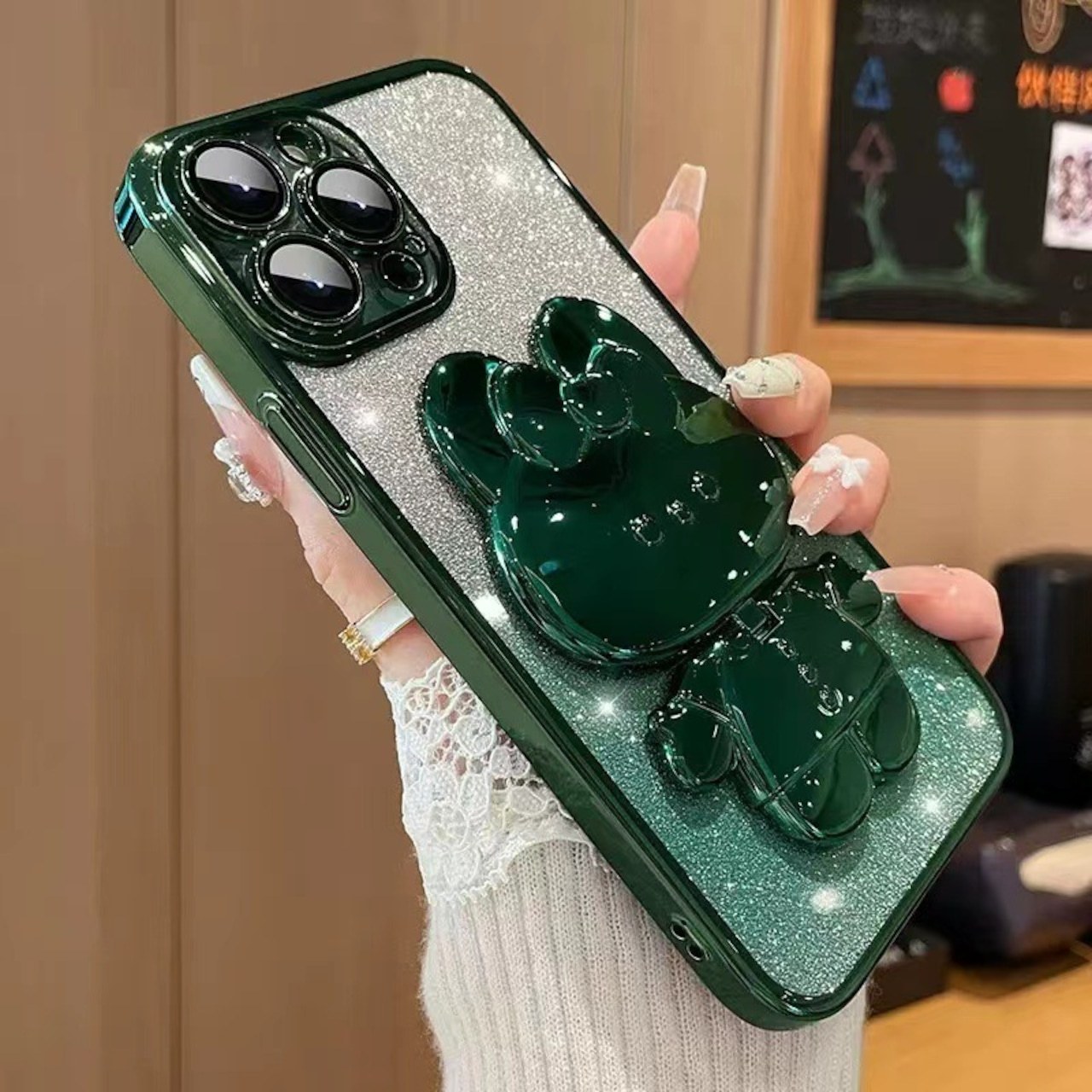 豪華電鍍手機殼，內置隱形化妝鏡，可愛兔子手機支架，隱藏式支架，防震超薄保護