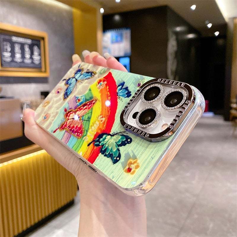 韓系油畫風彩虹花海手機殼｜鑲鑽裝飾 防刮防摔
