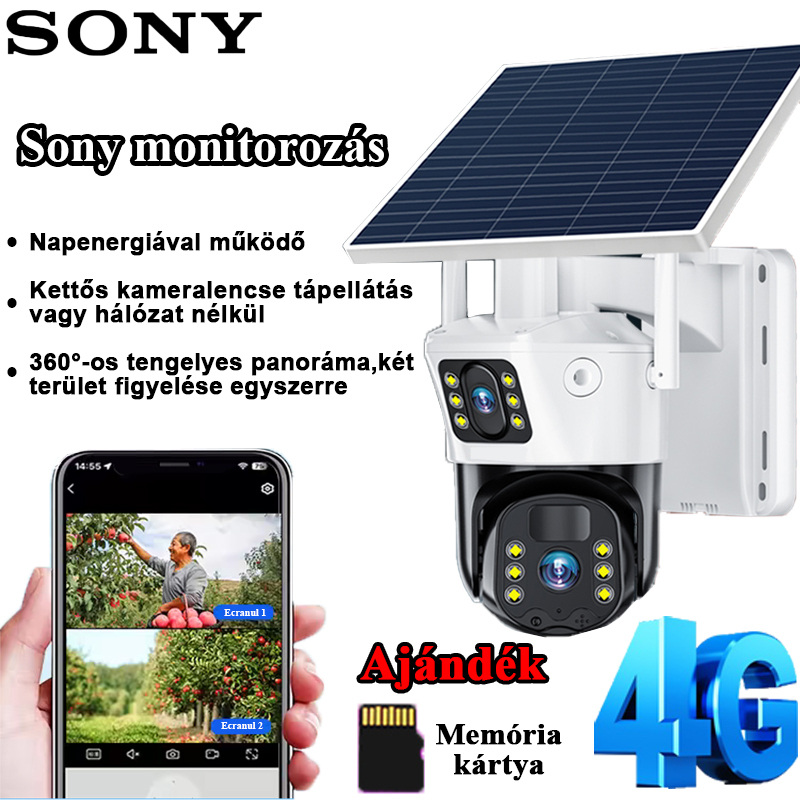 Sony napelemes monitor 360 fokos, vakszög nélküli, kétképernyős kamera