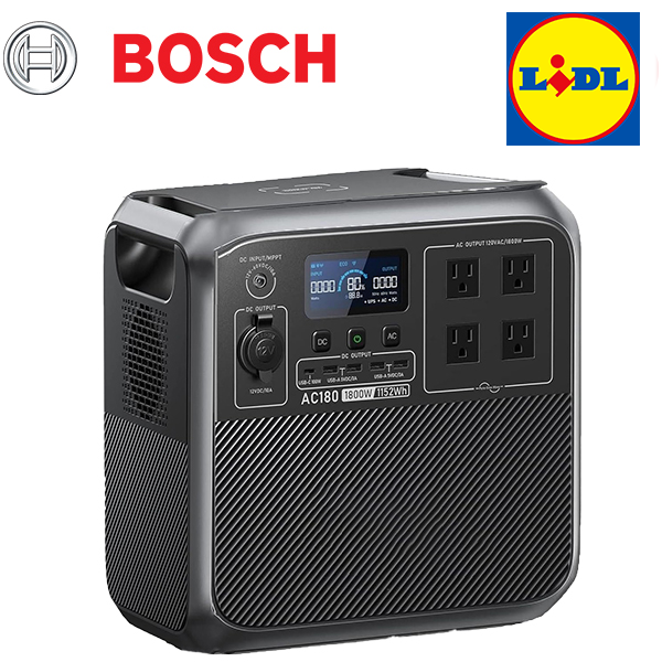Solárny generátor BOSCH AC180, záložná batéria 1152 Wh LiFePO4 so 4 AC zásuvkami s výkonom 1800 W (špička 2700 W), 0 – 80 % za 45 minút, na kempovanie, prácu mimo siete a pri výpadku prúdu.