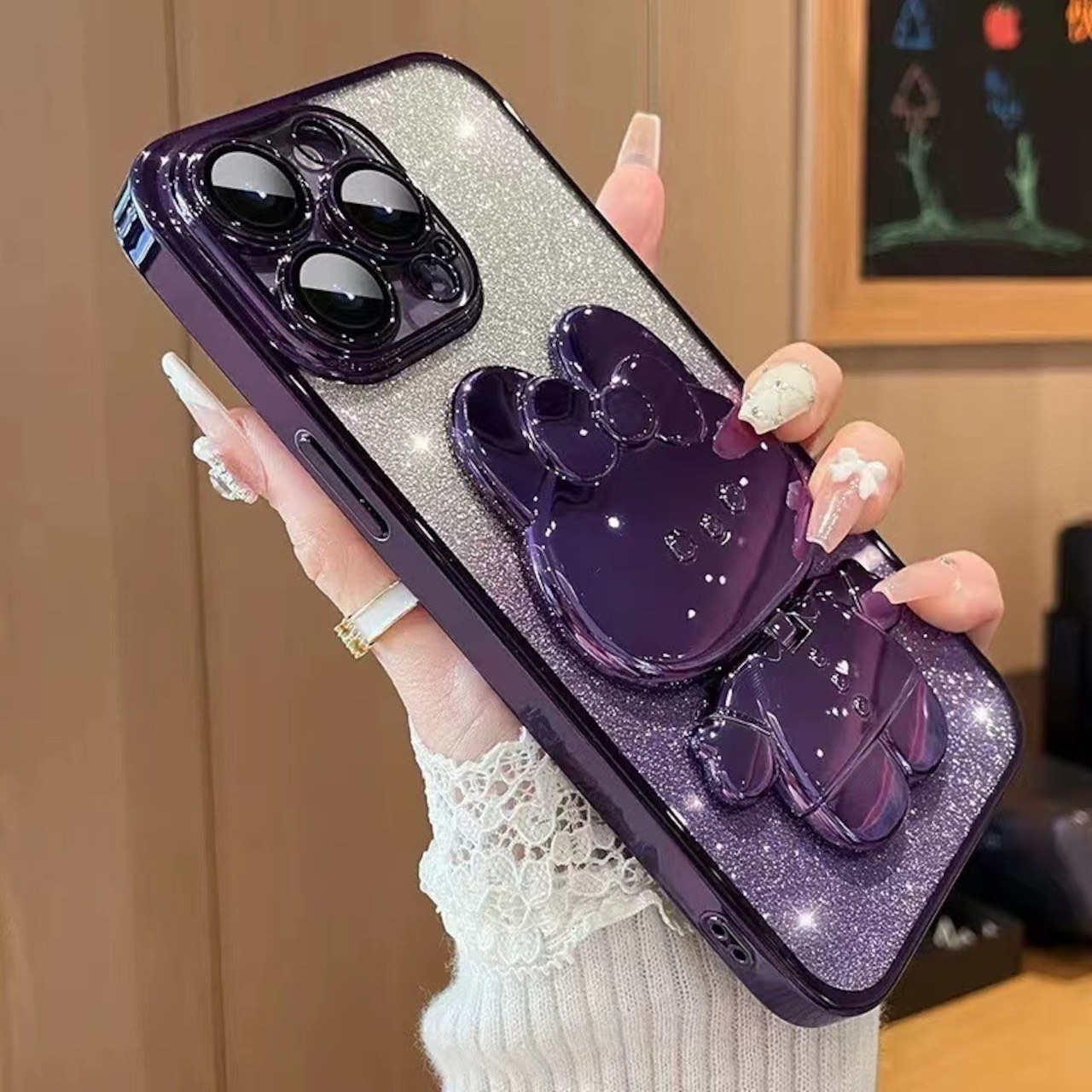 豪華電鍍手機殼，內置隱形化妝鏡，可愛兔子手機支架，隱藏式支架，防震超薄保護