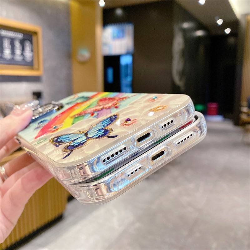 韓系油畫風彩虹花海手機殼｜鑲鑽裝飾 防刮防摔