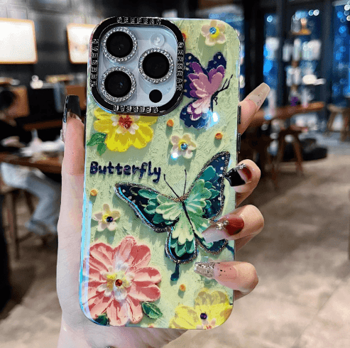 韓系油畫風彩虹花海手機殼｜鑲鑽裝飾 防刮防摔