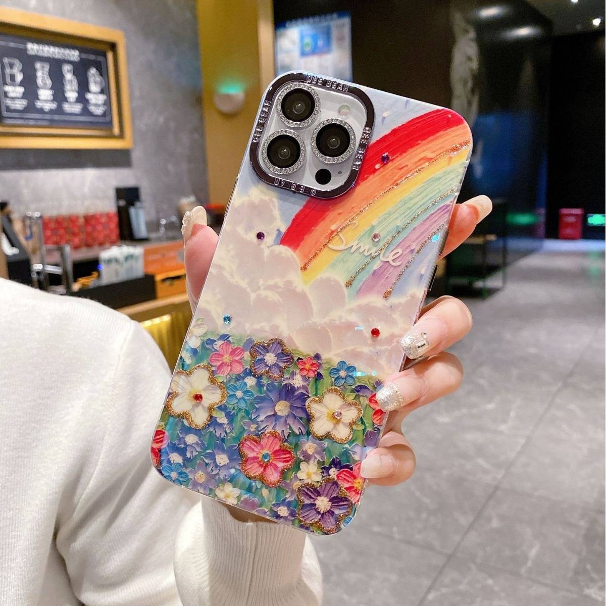 韓系油畫風彩虹花海手機殼｜鑲鑽裝飾 防刮防摔