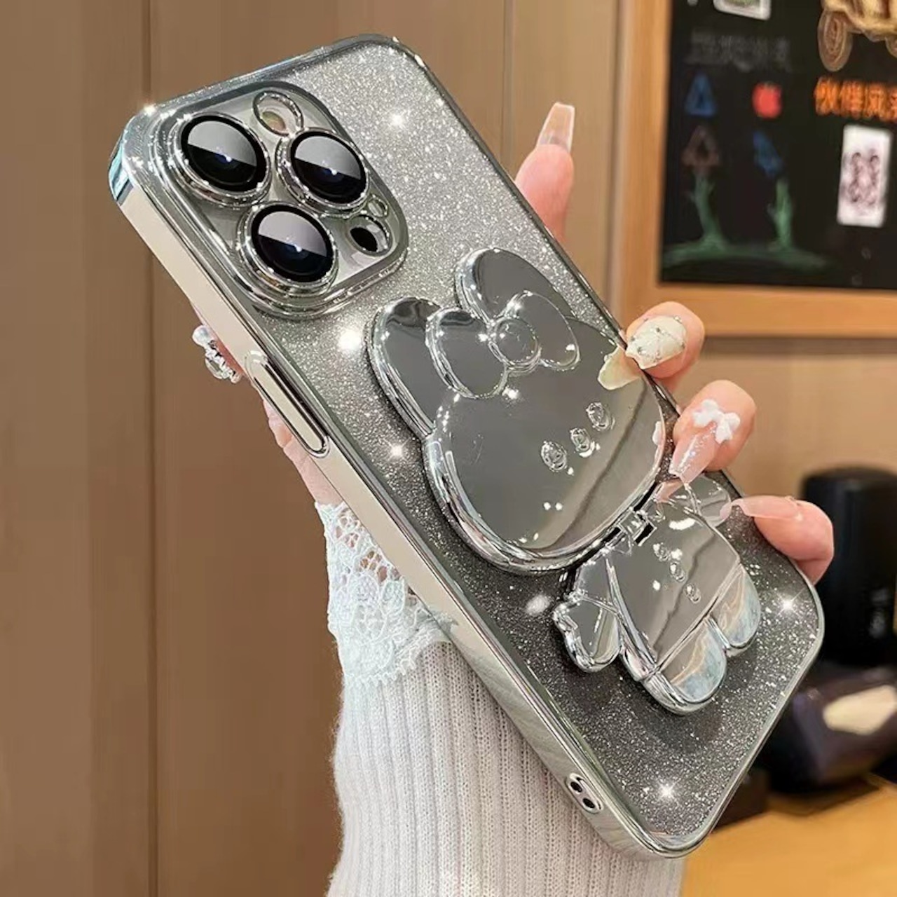 豪華電鍍手機殼，內置隱形化妝鏡，可愛兔子手機支架，隱藏式支架，防震超薄保護