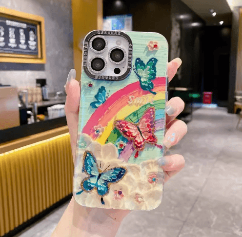 韓系油畫風彩虹花海手機殼｜鑲鑽裝飾 防刮防摔