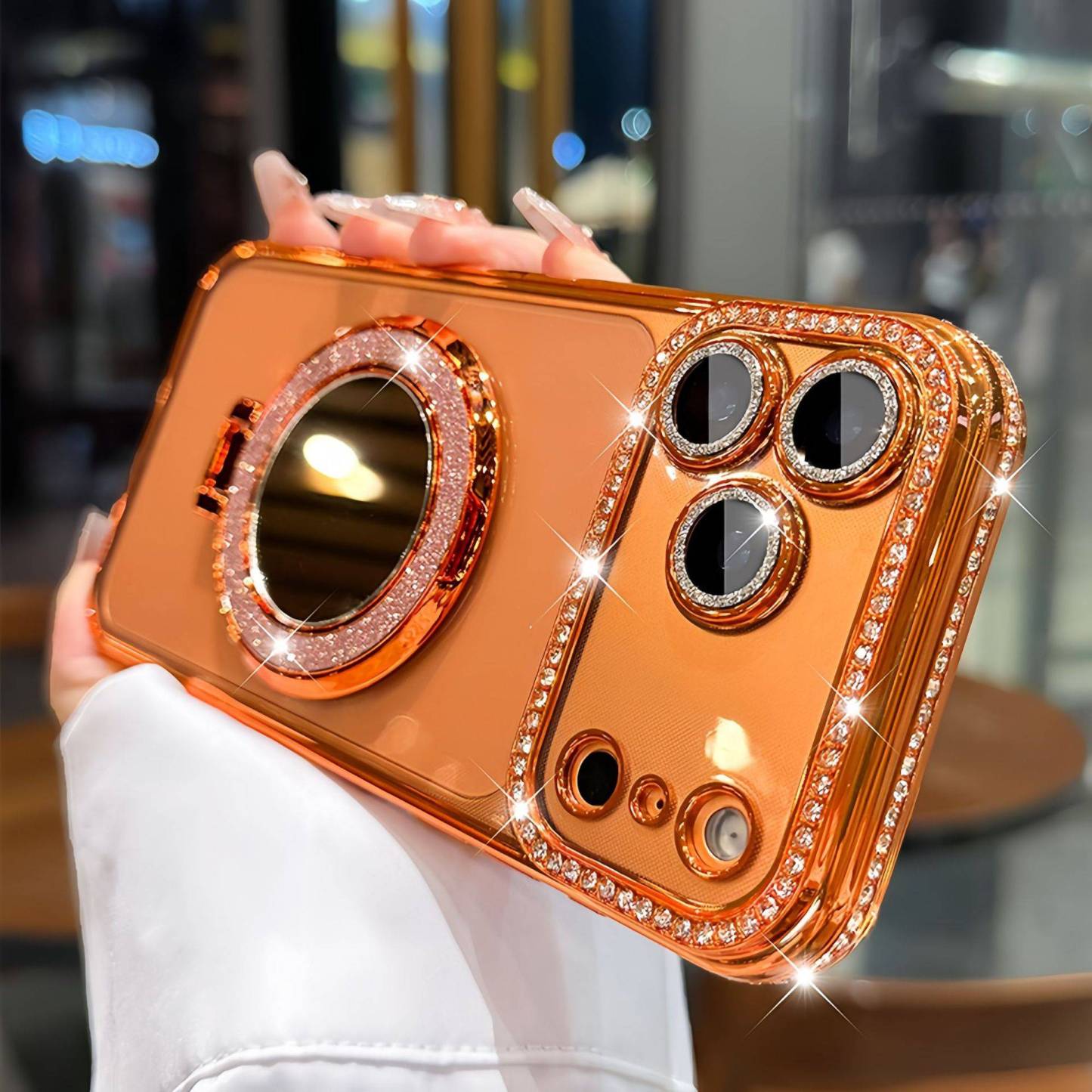 ✨閃鑽鏡面磁吸手機殼｜自帶支架 + 掛繩｜iPhone 專用高級感保護套