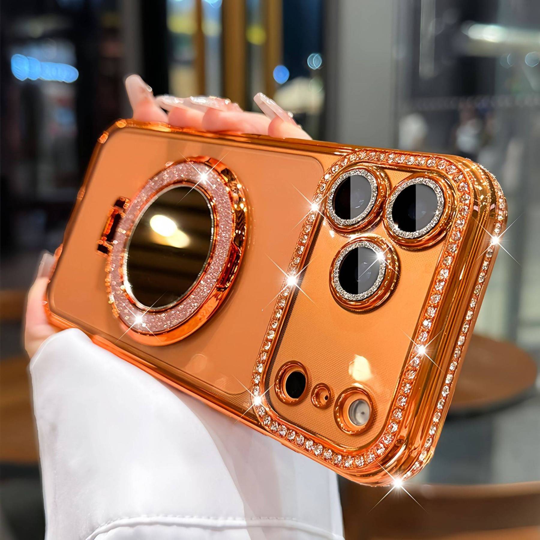 ✨閃鑽鏡面磁吸手機殼｜自帶支架 + 掛繩｜iPhone 專用高級感保護套