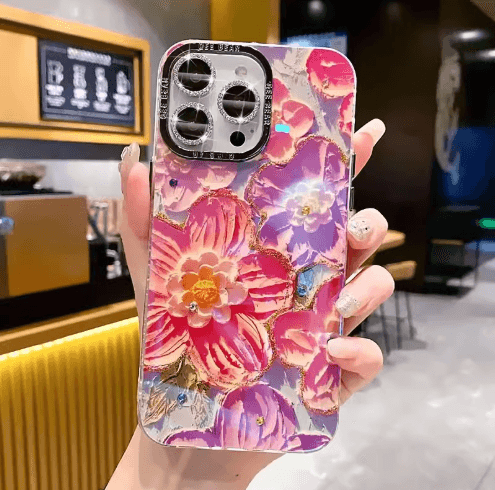 韓系油畫風彩虹花海手機殼｜鑲鑽裝飾 防刮防摔