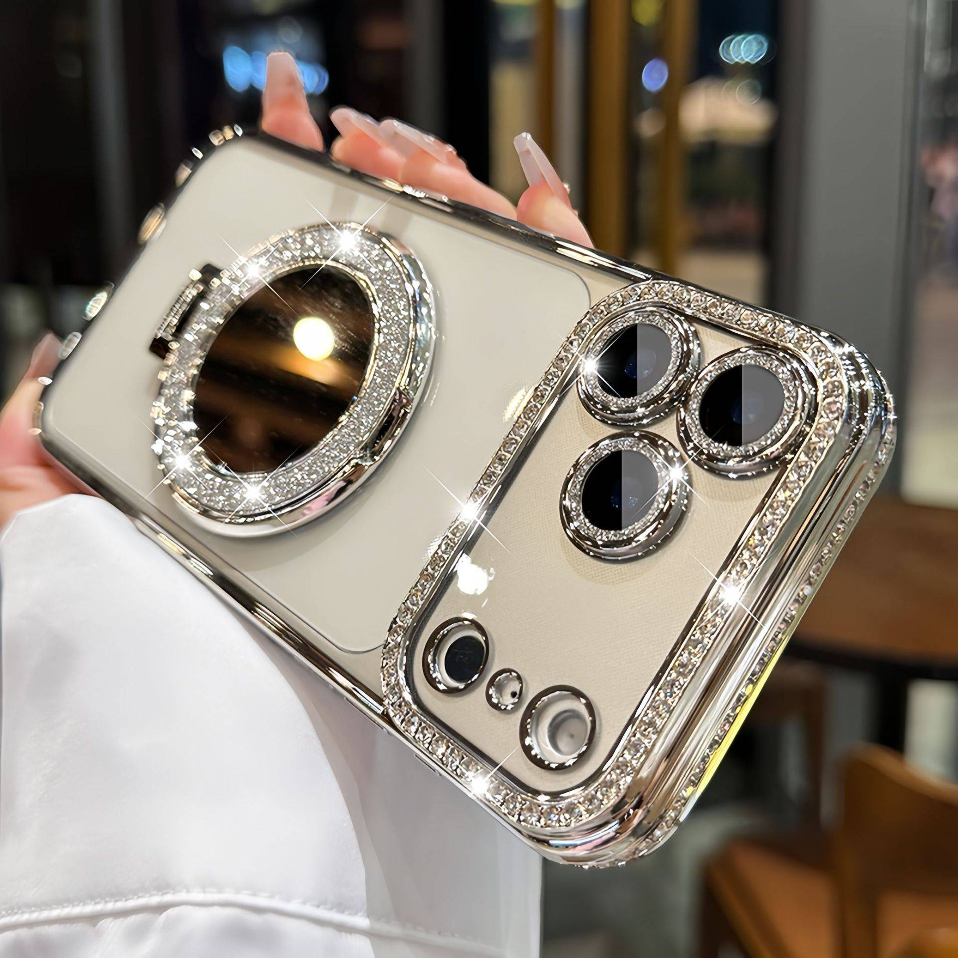 ✨閃鑽鏡面磁吸手機殼｜自帶支架 + 掛繩｜iPhone 專用高級感保護套