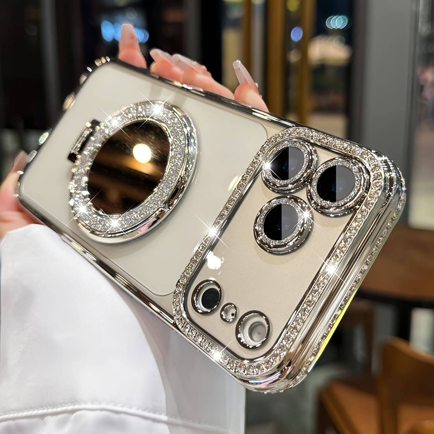 ✨閃鑽鏡面磁吸手機殼｜自帶支架 + 掛繩｜iPhone 專用高級感保護套