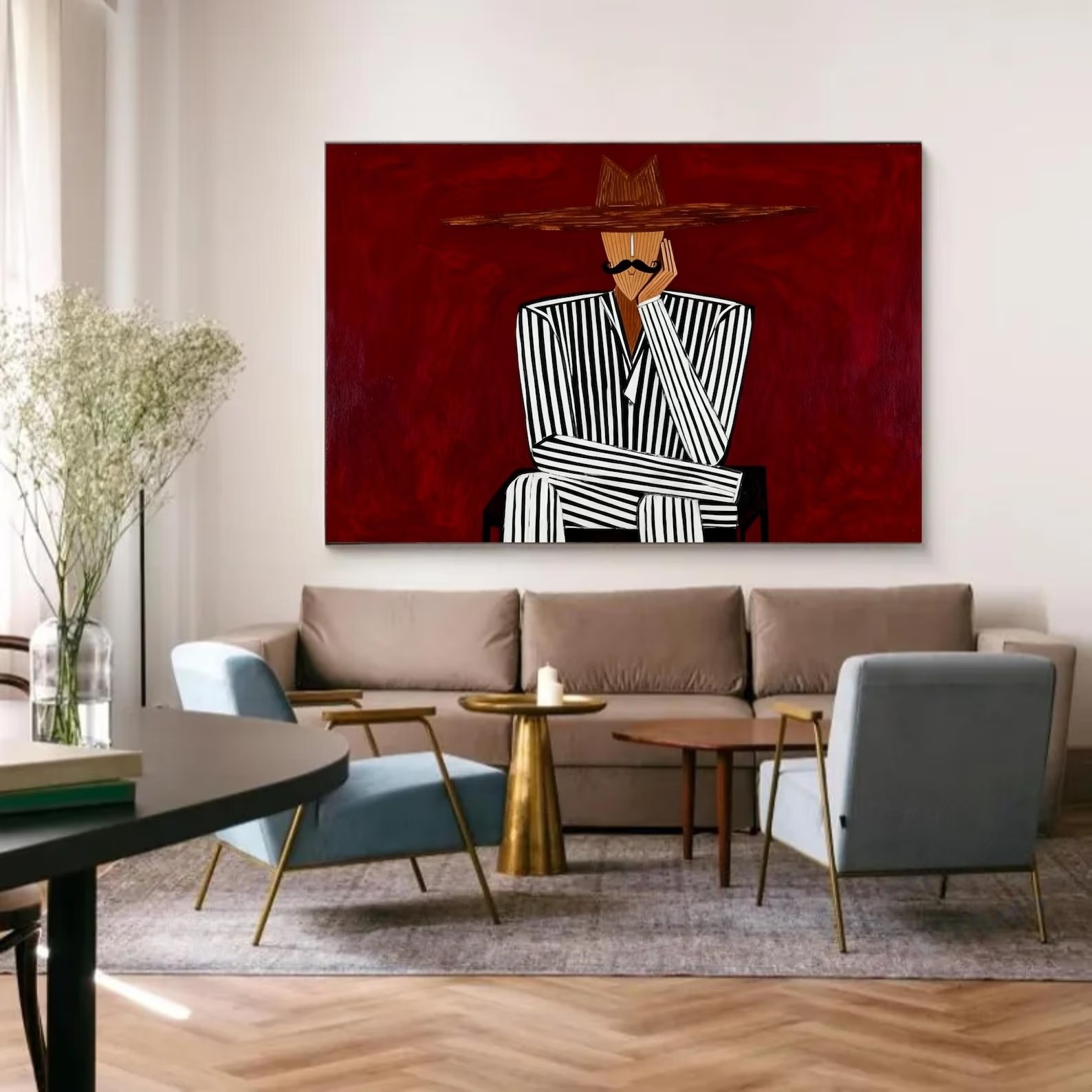 Red Background Striped Suit