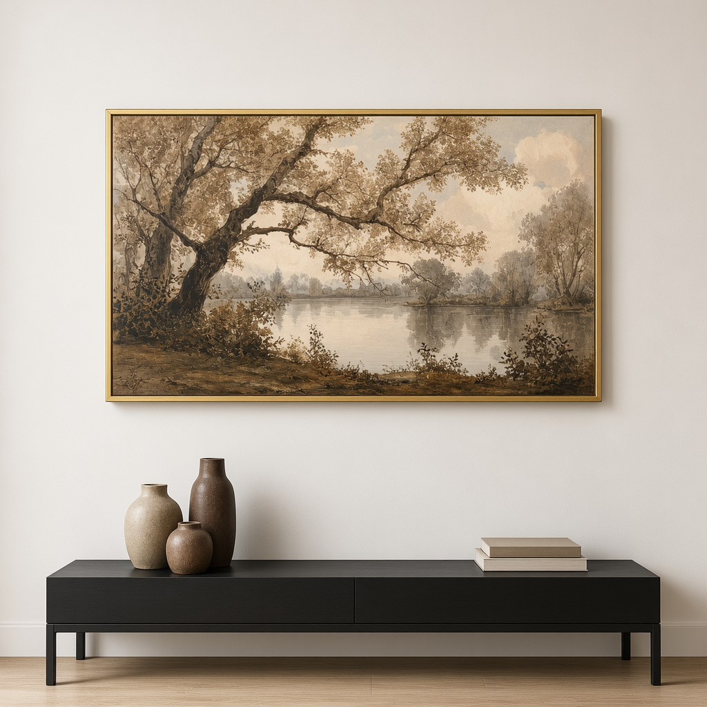 Riverside Oak Vintage Landscape Oil Painting