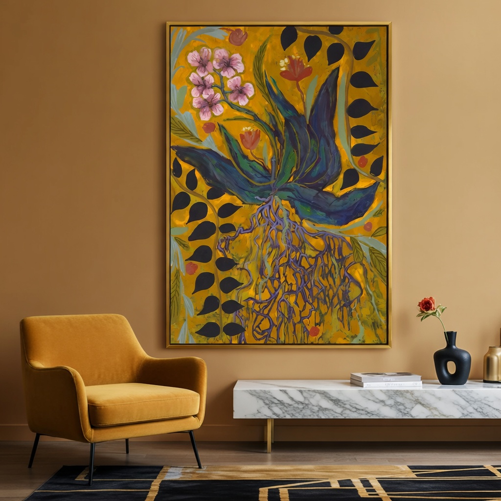 Golden Bloom Botanical Oil Painting