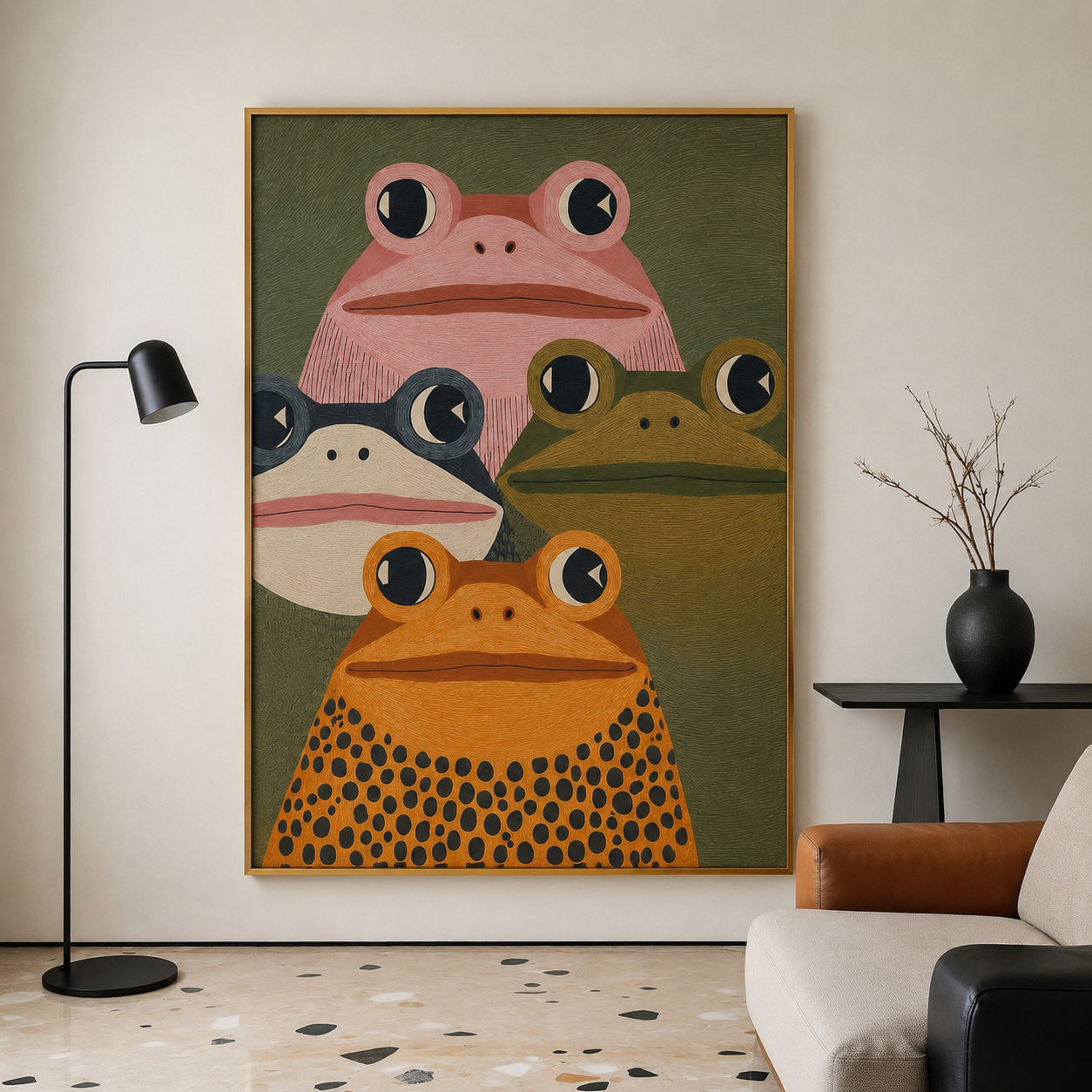 Playful Frog Family Oil Painting