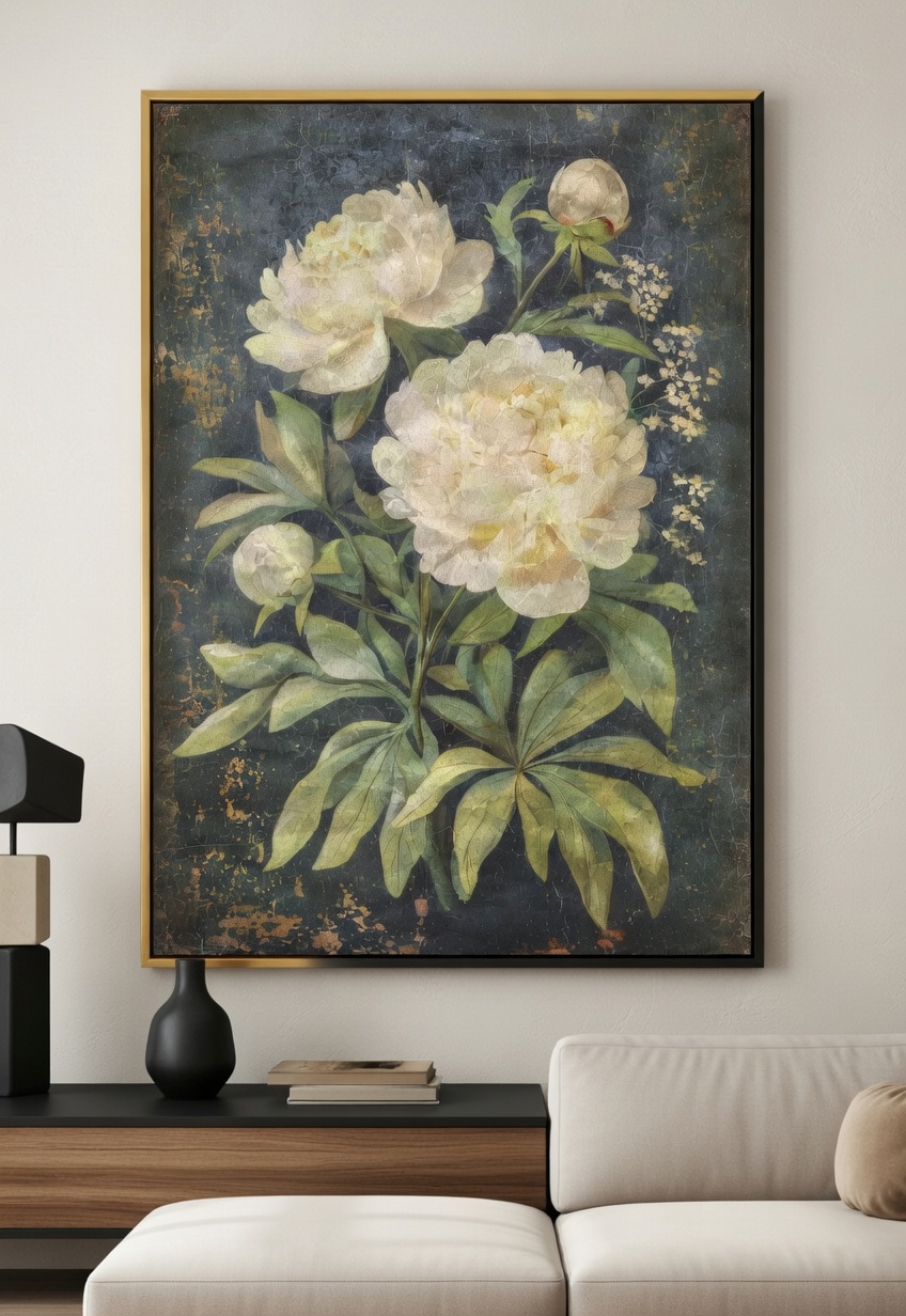 Vintage White Peony Oil Painting