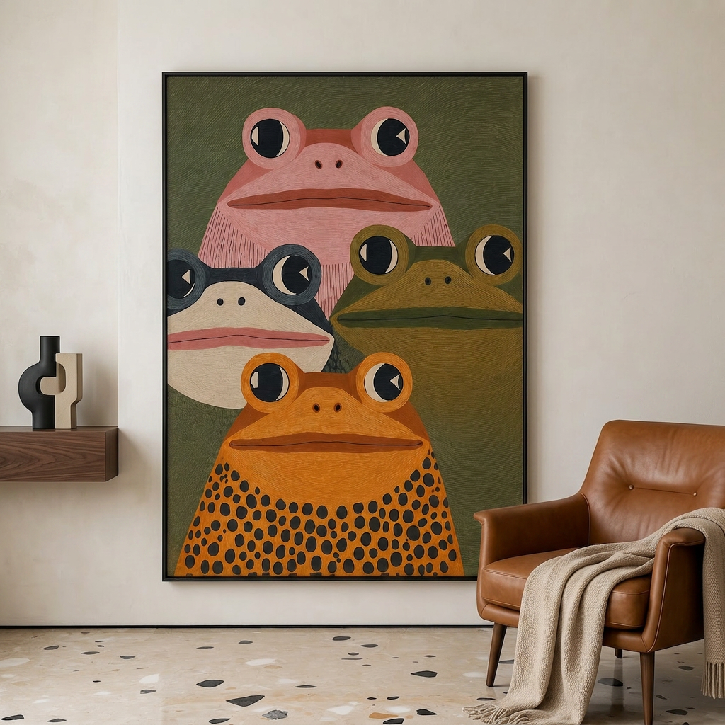 Playful Frog Family Oil Painting