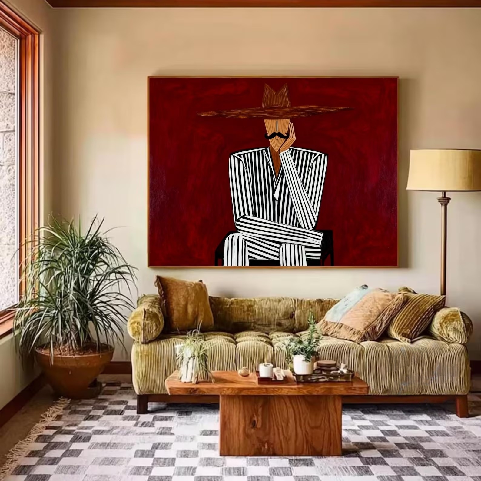 Red Background Striped Suit