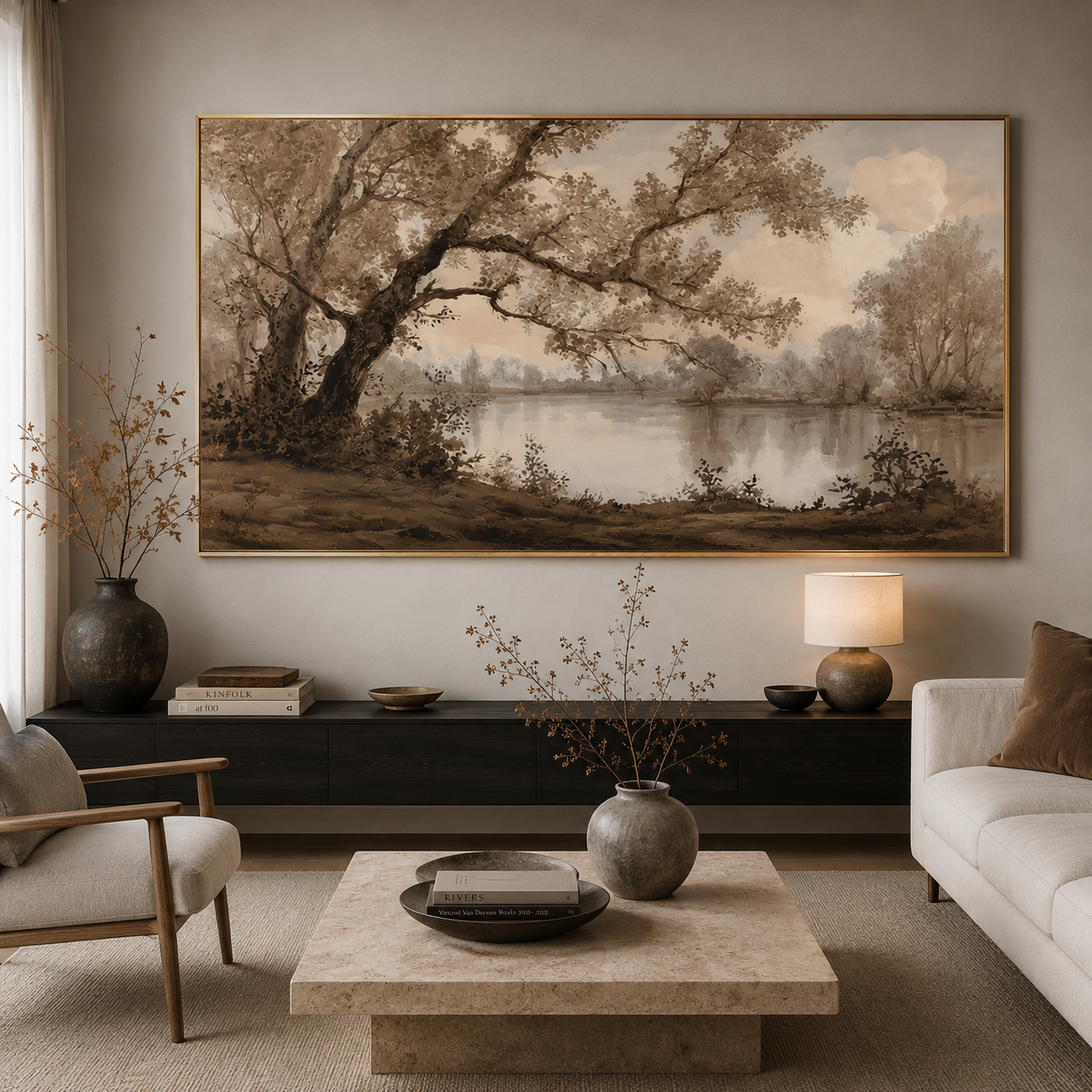 Riverside Oak Vintage Landscape Oil Painting