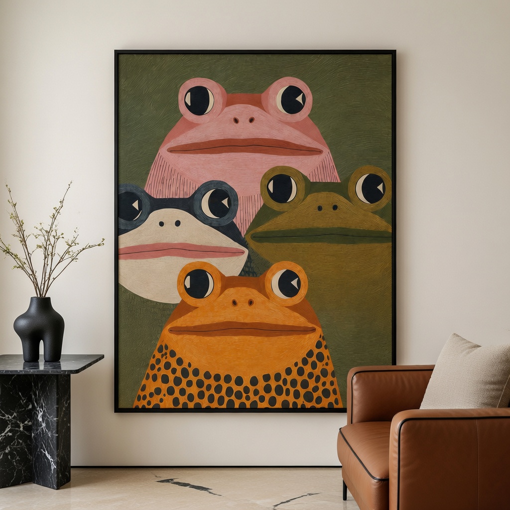 Playful Frog Family Oil Painting