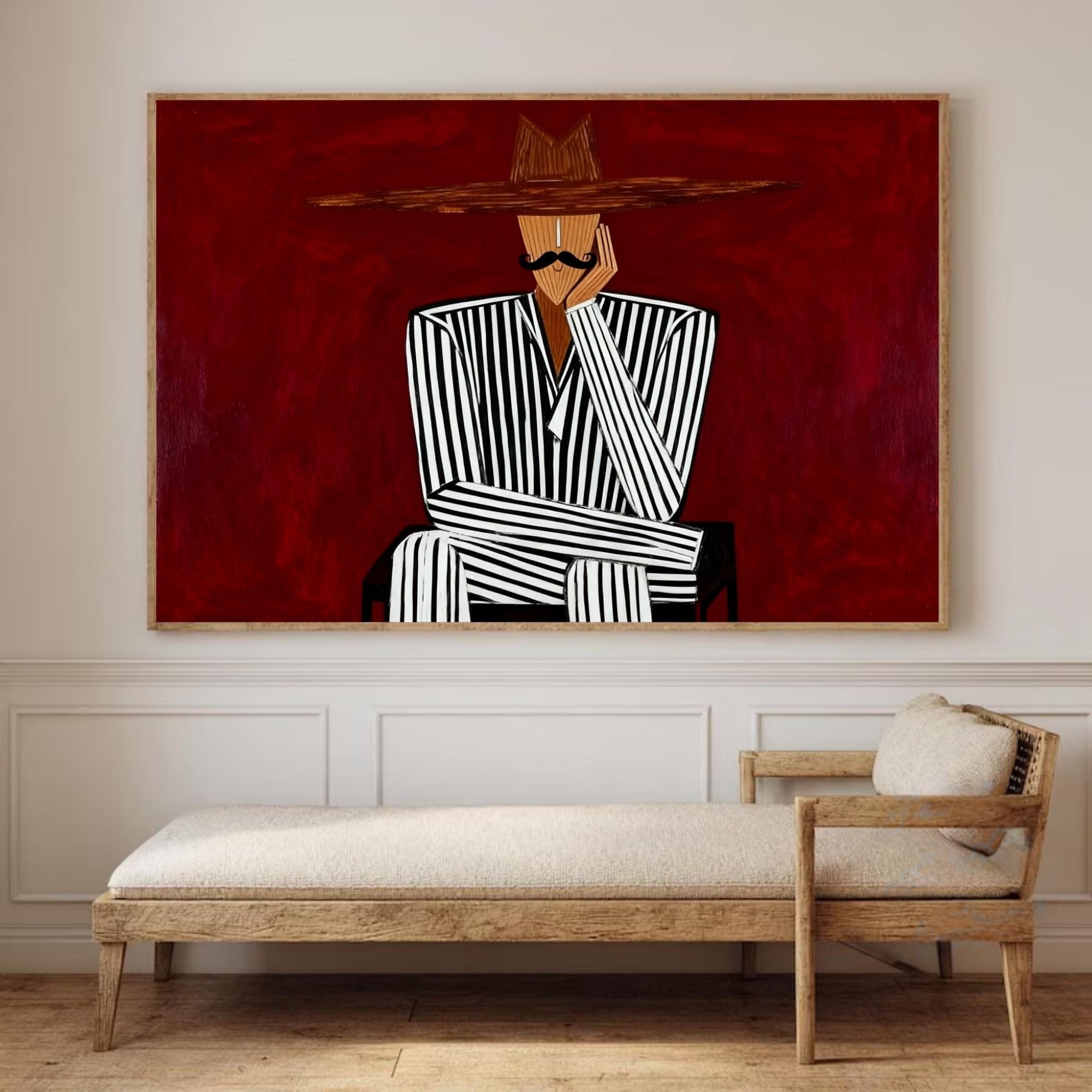 Red Background Striped Suit