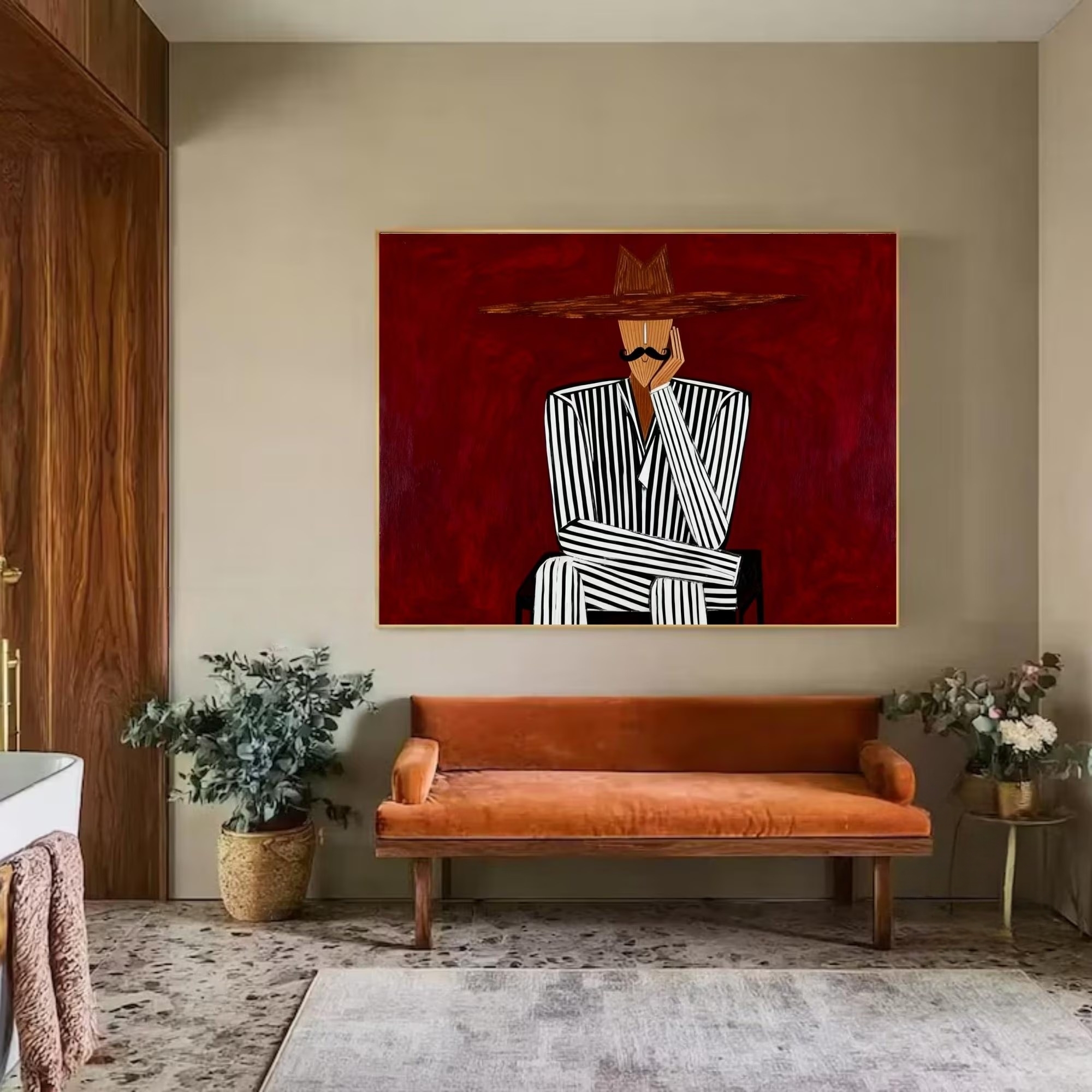 Red Background Striped Suit