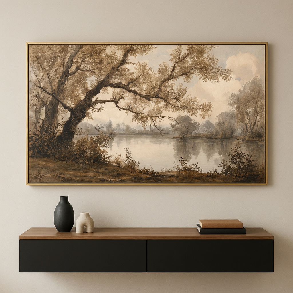 Riverside Oak Vintage Landscape Oil Painting