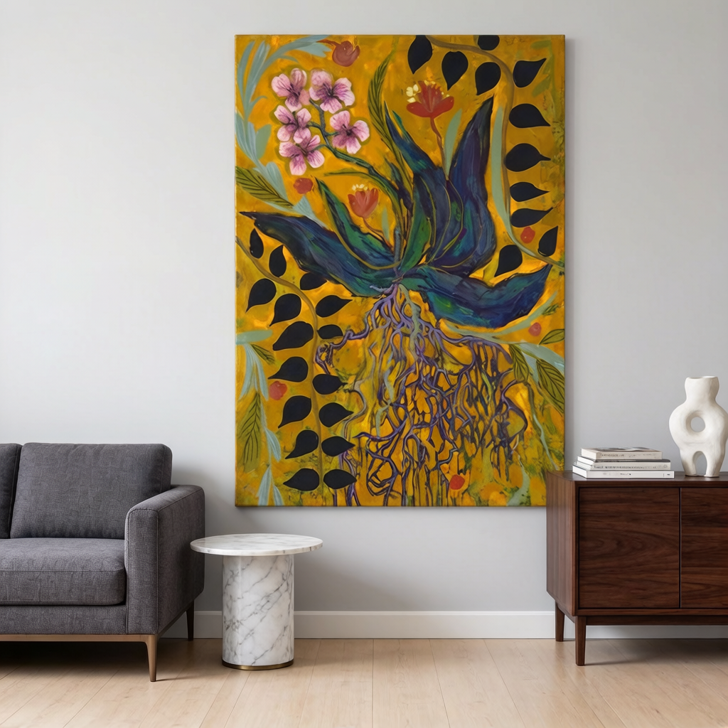 Golden Bloom Botanical Oil Painting