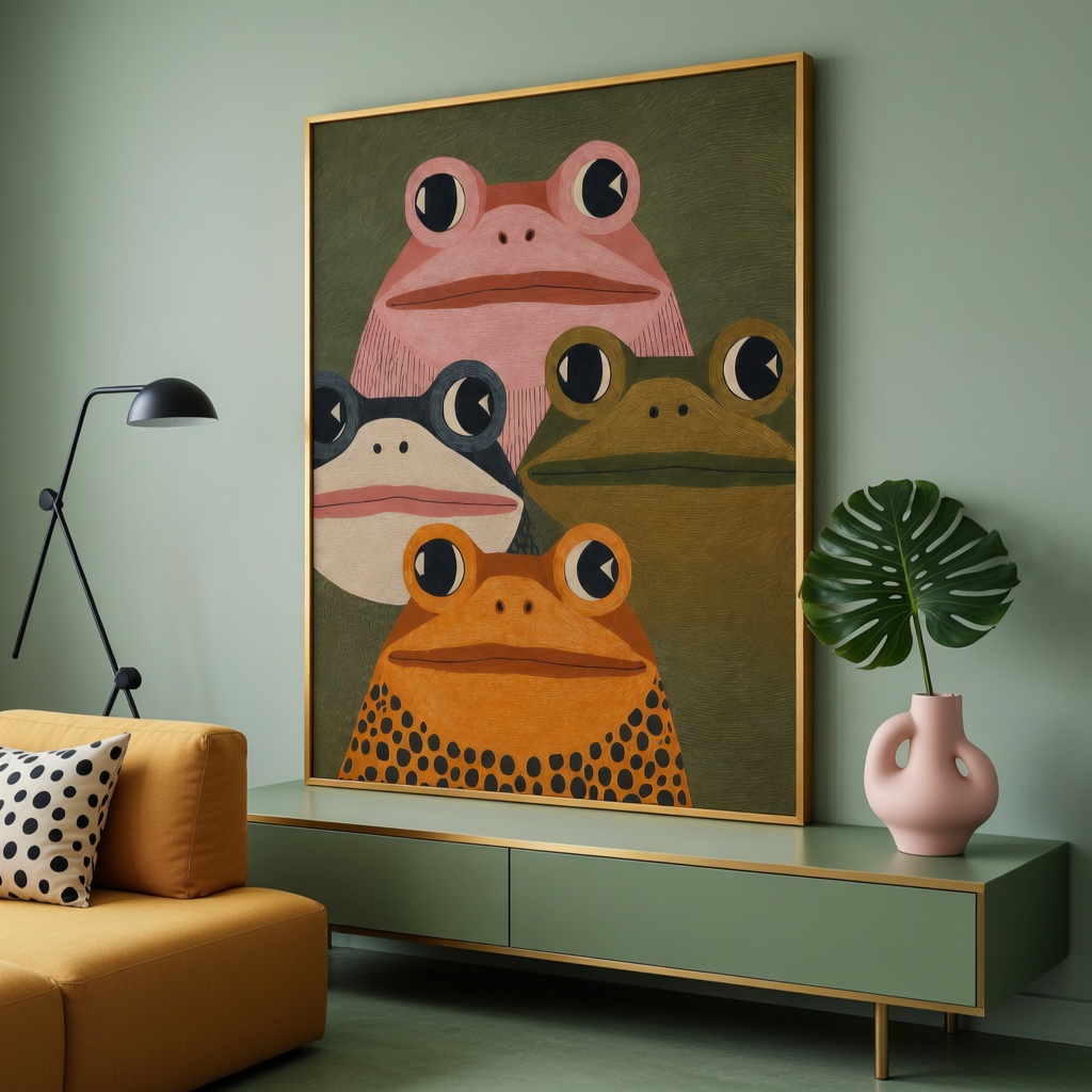 Playful Frog Family Oil Painting