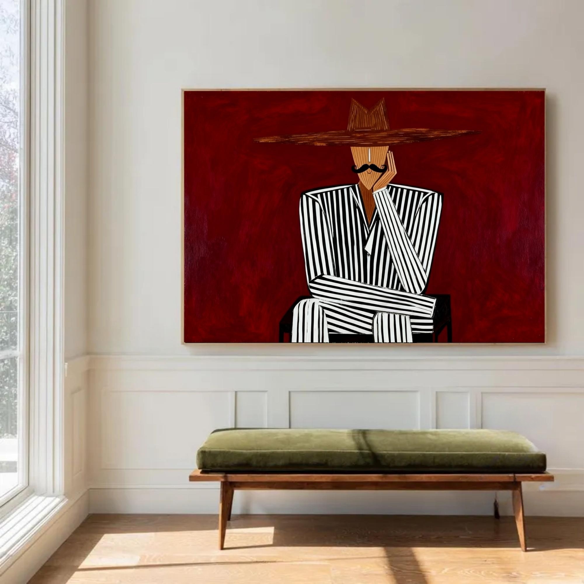 Red Background Striped Suit